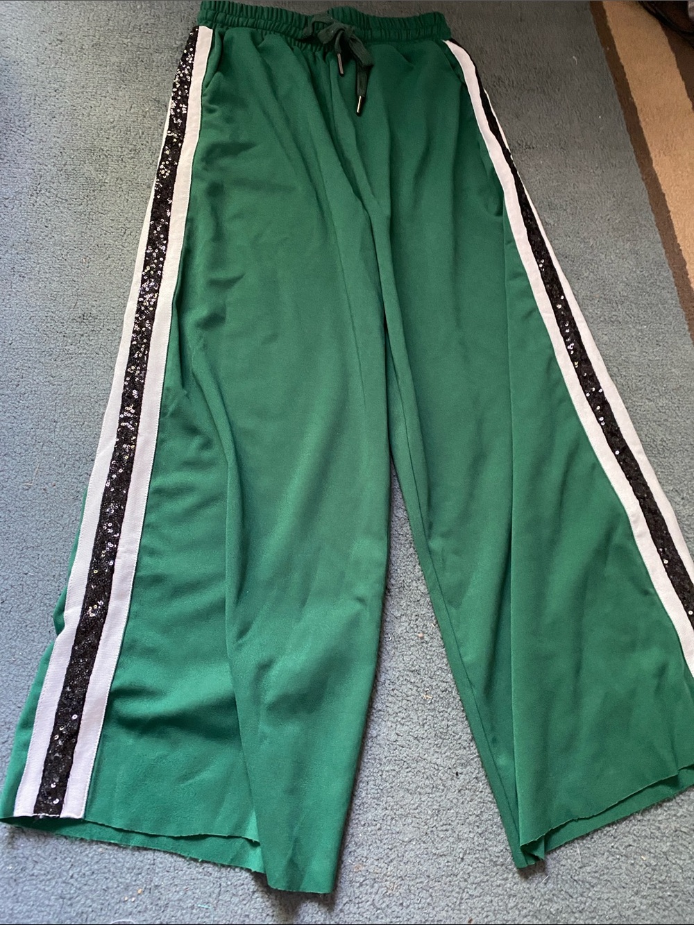 Wide-Leg Green Track Pants with Side Sequin Stripe Detail